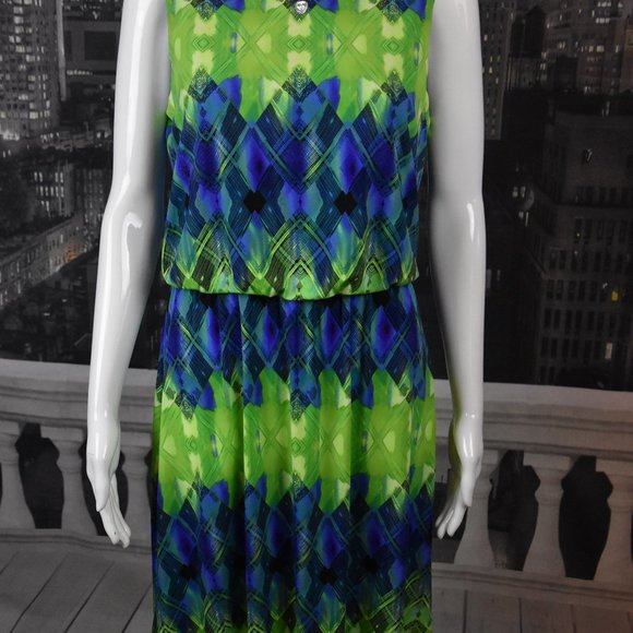 Maggy London size 6 Sleeveless Blue & Green Knee Length Lined Dress - Picture 5 of 10